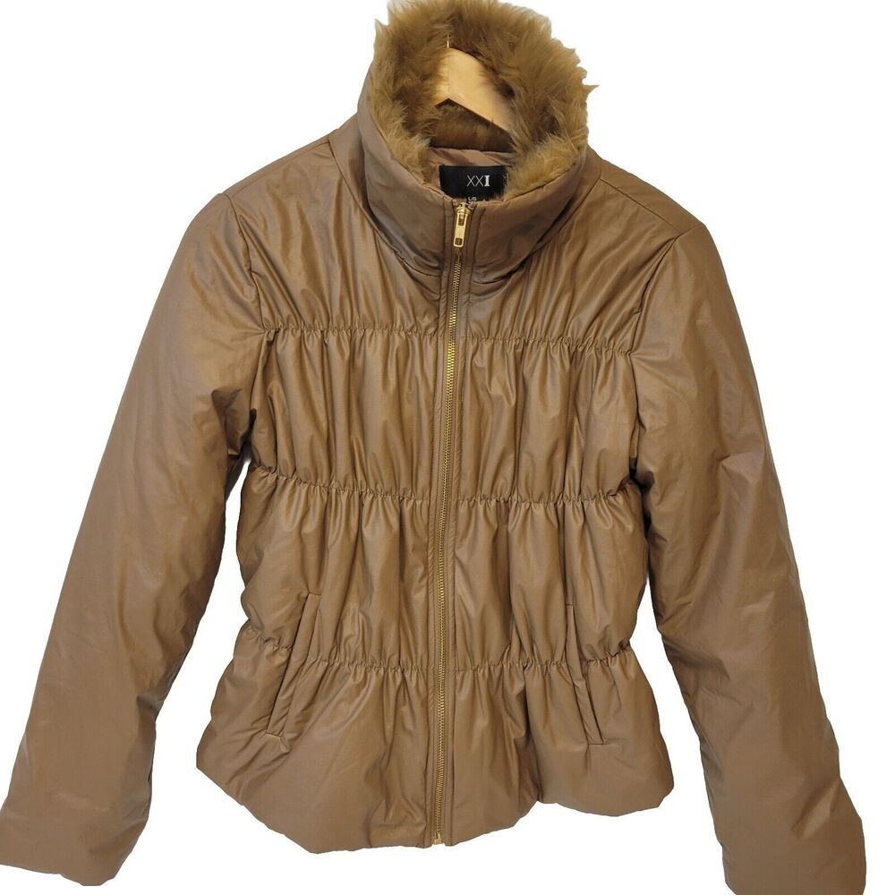 Tan Fur-Collared Size L/G Women Puffer Jacket